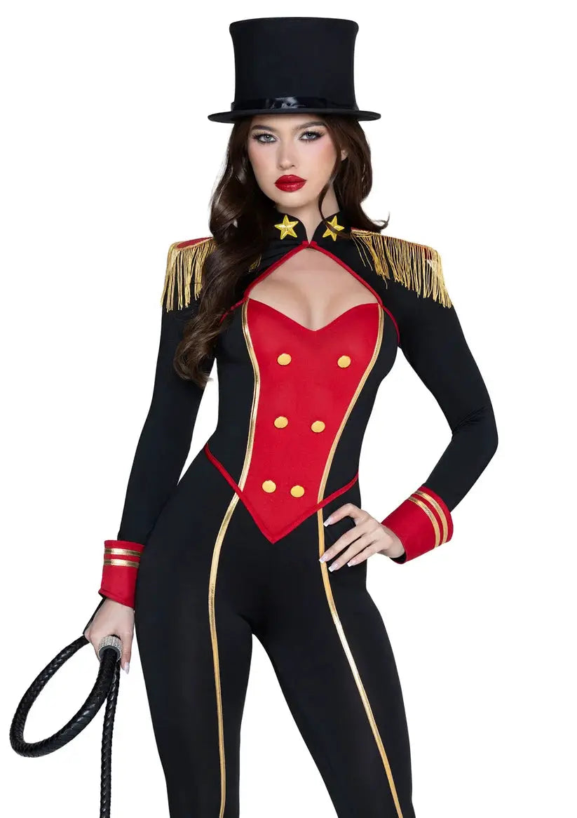 Ringmaster costume set intimoo black and red with gold trim and fringe, includes hat and whip.