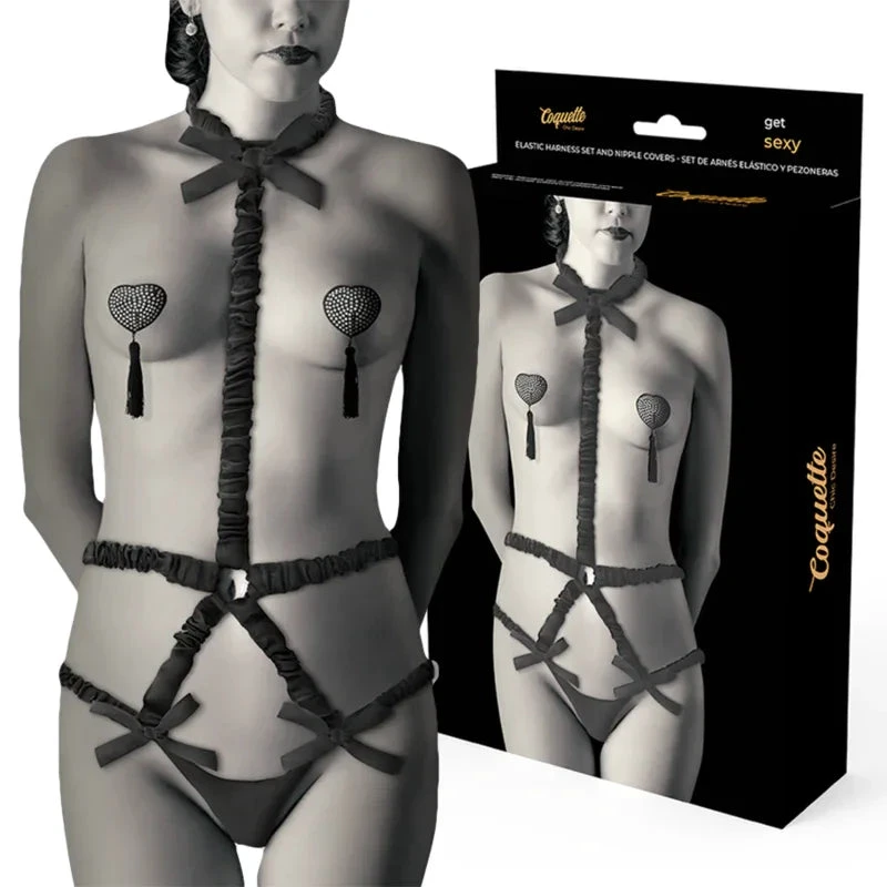 COQUETTE CHIC DESIRE - ELASTIC HARNESS SET AND NIPPLE COVERS BLACK - intimoo