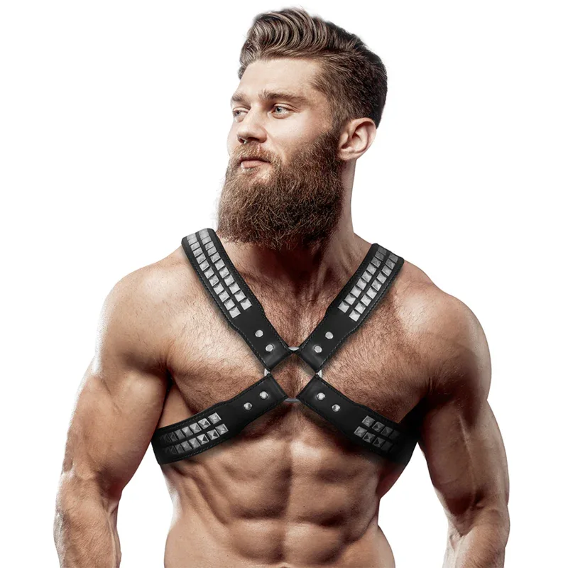 FETISH SUBMISSIVE ATTITUDE - MENS CROSSED CHEST ECO-LEATHER HARNESS WITH RIVETS - intimoo