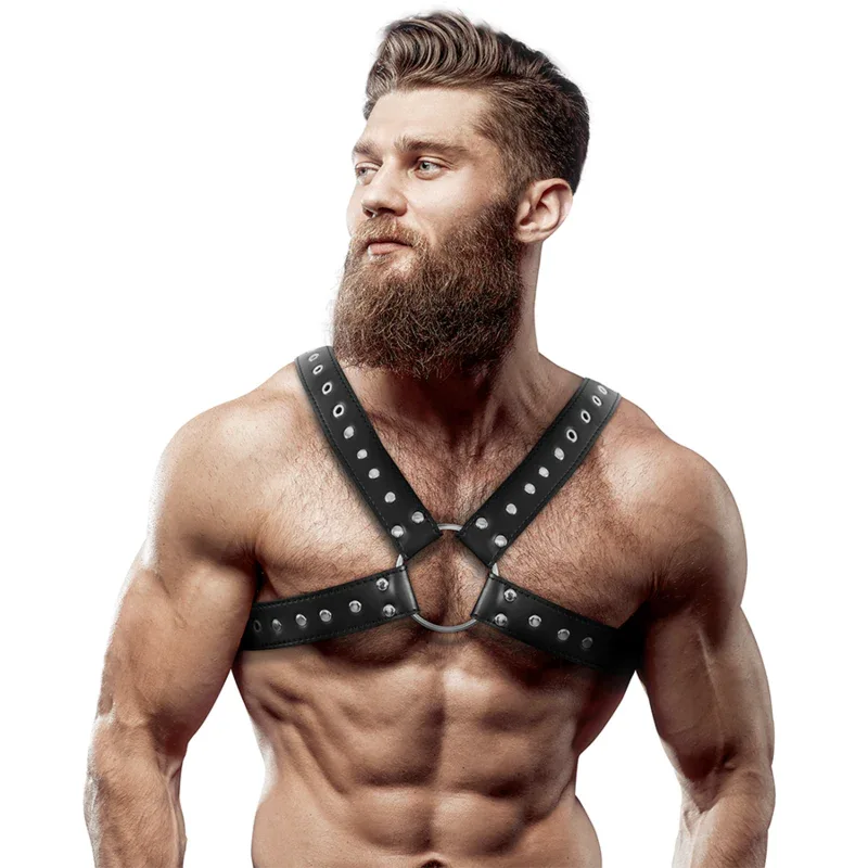 FETISH SUBMISSIVE ATTITUDE - MENS CROSS-OVER ECO-LEATHER CHEST HARNESS WITH STUDS - intimoo