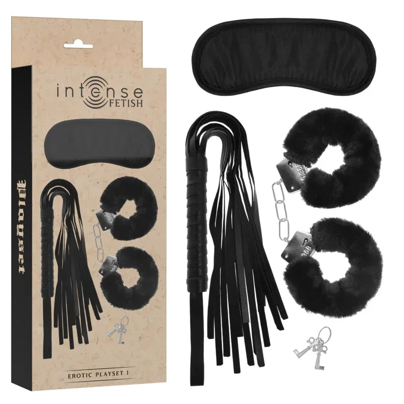 INTENSE - FETISH EROTIC PLAYSET 1 WITH HANDCUFFS, BLIND MASK AND FLOGGER - intimoo