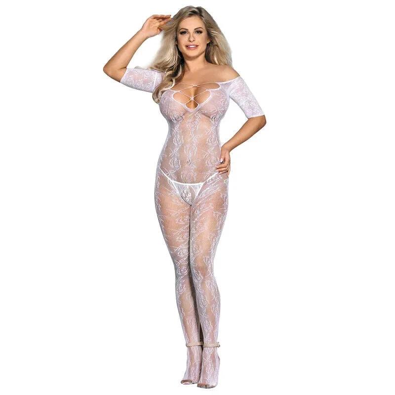 SUBBLIME - 951818 FISHNET CROTCHLESS BODYSTOCKING WITH WHITE ROSES PATTERN ONE SIZE - intimoo