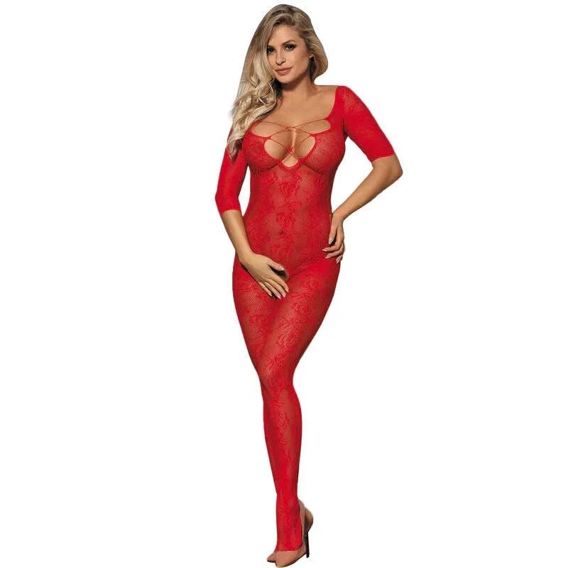SUBBLIME - 951825 FISHNET CROTCHLESS BODYSTOCKING WITH RED ROSES PATTERN XS/M - intimoo