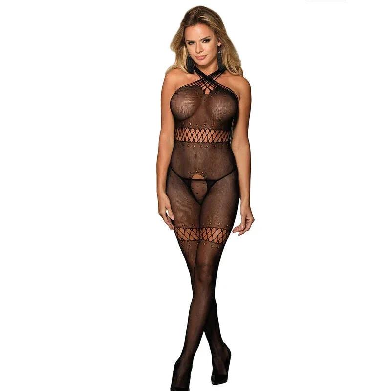 SUBBLIME - 951948 FISHNET BODYSTOCKING WITH CROSSED NECK STRAPS BLACK ONE SIZE - intimoo