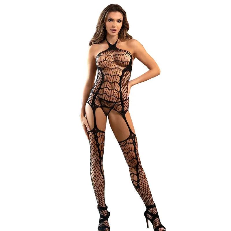 SUBBLIME - 952105 FISHNET CROTCHLESS BODYSTOCKING WITH HALTER NECK AND OPEN BACK BLACK ONE SIZE - intimoo