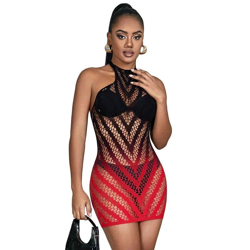 SUBBLIME - 952242 RED AND BLACK DEGRADED ELASTIC FISHNET DRESS ONE SIZE - intimoo