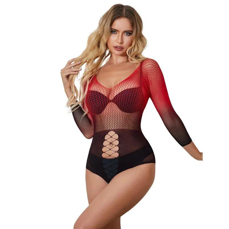 SUBBLIME - 952259 RED AND BLACK GRADIENT LONG SLEEVE ELASTIC FISHNET DRESS ONE SIZE - intimoo
