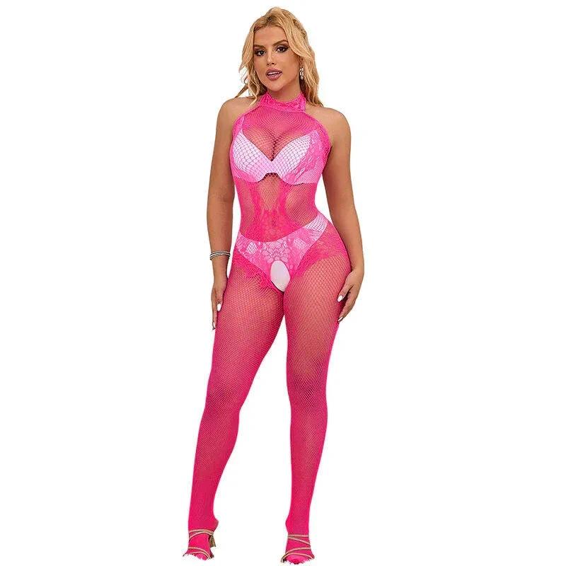 SUBBLIME - 952389 FISHNET AND LACE CROTCHLESS BODYSTOCKING WITH HIGH NECK PINK ONE SIZE - intimoo