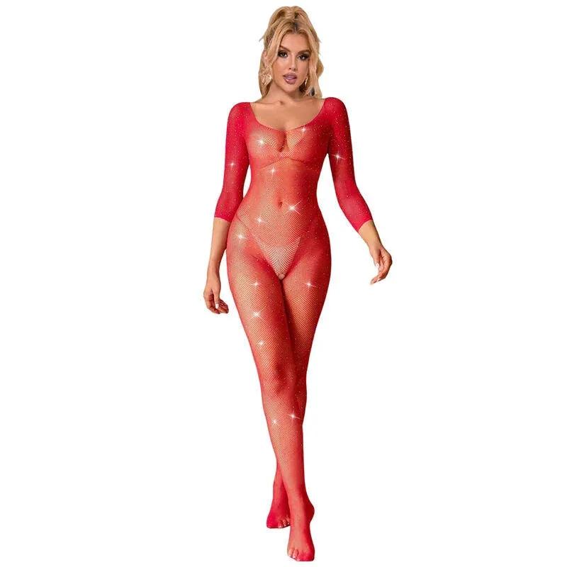 SUBBLIME - 952419 FISHNET BODYSTOCKING WITH DIAMONDS LONG SLEEVE RED XS/M - intimoo