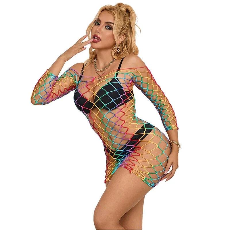 SUBBLIME - 952426 RAINBOW LONG SLEEVE FISHNET DRESS ONE SIZE - intimoo