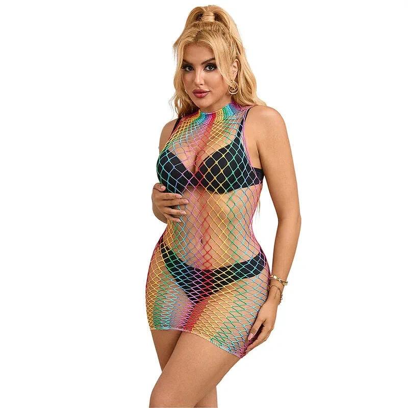 SUBBLIME - 952433 RAINBOW HIGH NECK SLEEVELESS FISHNET DRESS ONE SIZE - intimoo