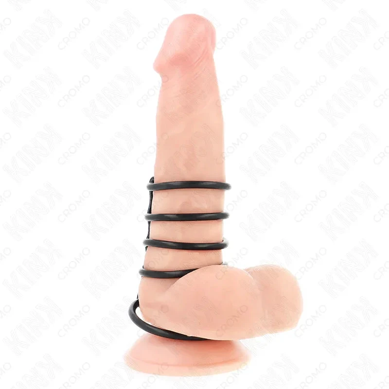 KINK - 5 SILICONE PENIS RINGS 3.8 CM TO 4.8 CM CONNECTED BY LEATHER - intimoo