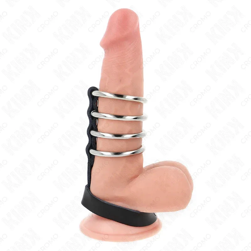 KINK - 4 METAL PENIS RINGS 3.8 CM CONNECTED WITH LEATHER STRAP 22 X 1.5 CM AND PRESSURE CLOSURE - intimoo