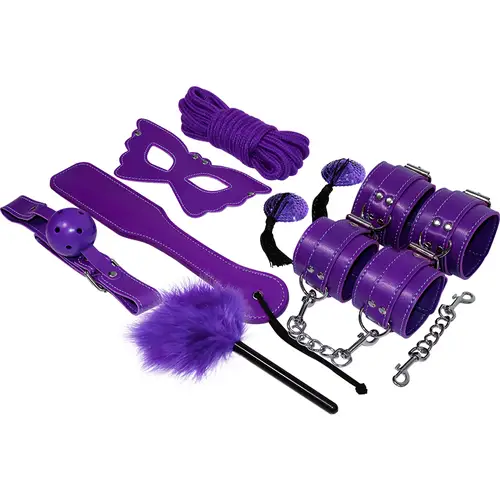 Purple BDSM fetish kit with restraints, rope, mask, ball gag, whip and feather tickler