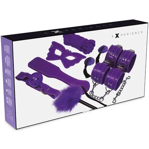 BDSM kit by EXPERIENCE in purple with restraints, mask, ball gag, collar, leash and feather tickler