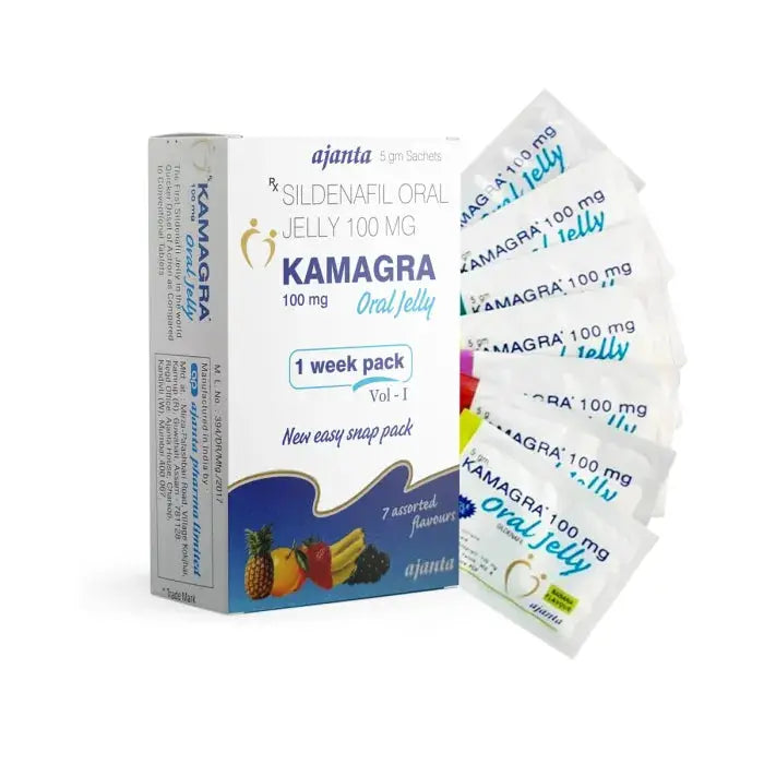Kamagra Oral Jelly 100 mg energy gel sachets in an Ajanta box, 1-week pack of 7 sachets with assorted flavours